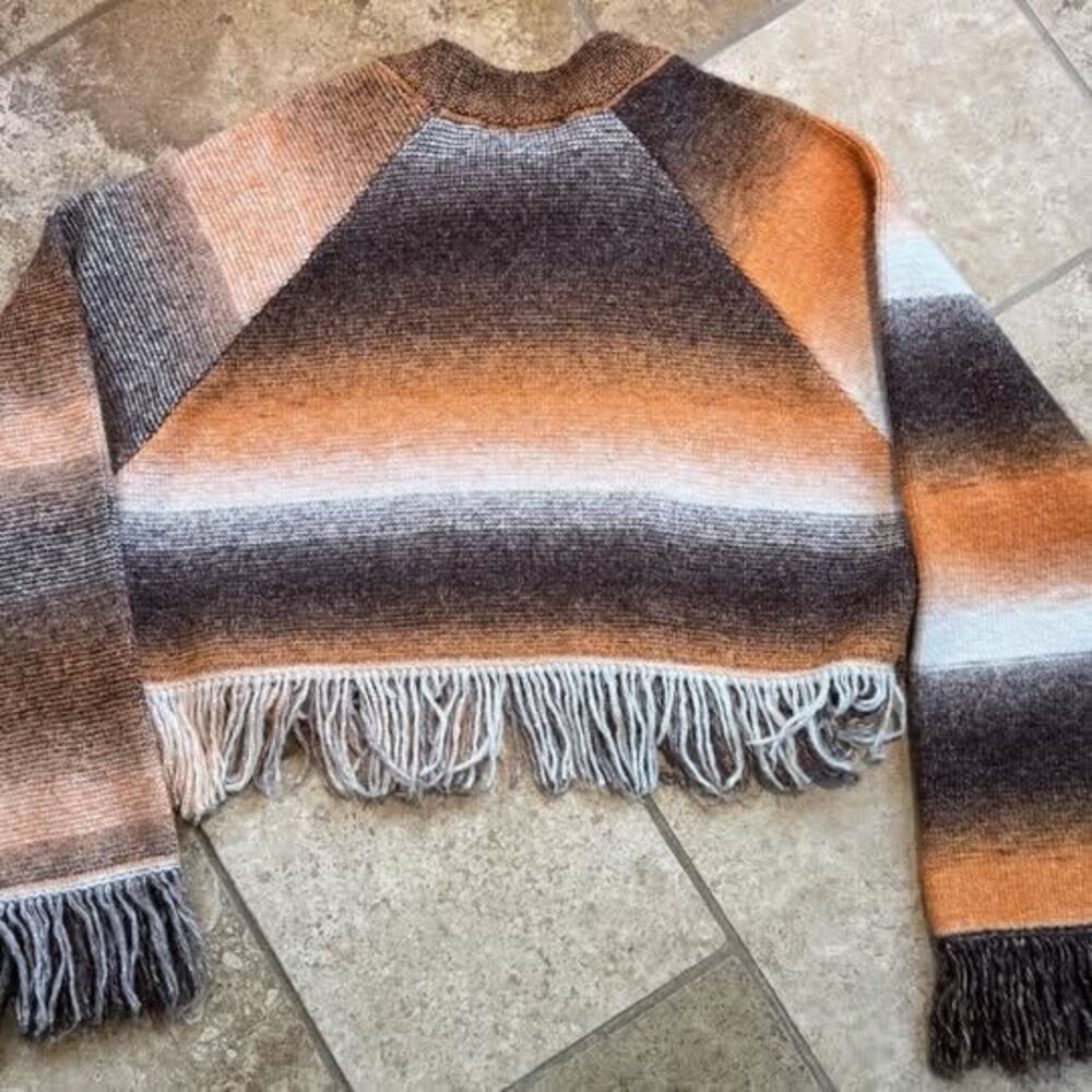 ZARA Boho Cropped Fringe Striped Pull Over Knit Sweater Brown Orange Size Small